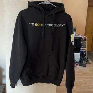 Black, hooded sweatshirt, worn maybe 3 times.  Washed in cold and hung to dry.